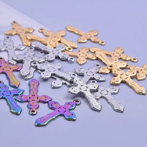 Vintage Edelstahl Hohlkreuz Anhänger Halskette Für Herren Damen Gold Silber Regenbogen Religiöser Schmuck DIY Zubehör