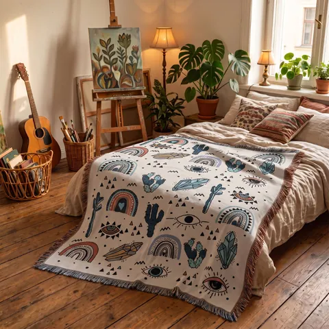 Bohemian Cotton Woven Blanket With Tassels Multifunctional Outdoor Camping Picnic Sofa Throw Cactus Eye Pattern