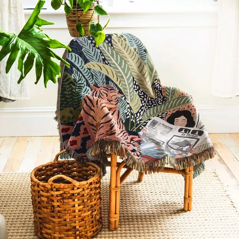 Bohemian Woven Throw Blanket Cotton Jacquard Tassel Fringe Ethnic Retro Art Illustration Sofa Cover Outdoor Picnic Camping