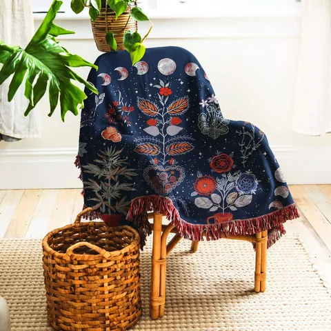 Coperta Intrecciata In Cotone Boho Fasi Lunari Floreale Copridivano Con Frange Arredamento Campeggio Picnic Vintage