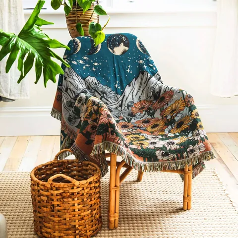 Bohemian Woven Throw Blanket Sunflowers Moon Mountains Pattern Polyester Cotton Picnic Blanket with Tassels for Sofa Home