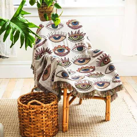 Coperta Boemia Evil Eye Cotone Maglia Frange Multiuso Camping Picnic Copridivano Decorazione Etnica