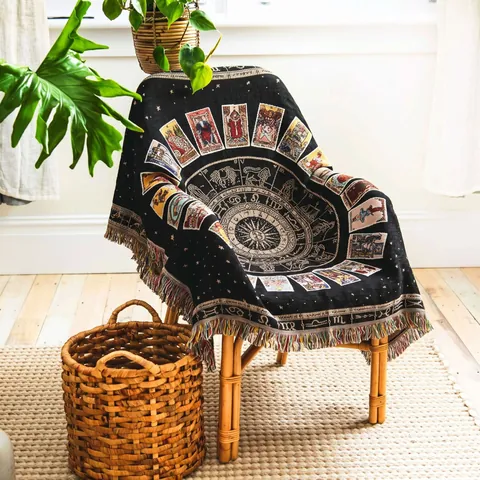 Zodiac Tarot Woven Blanket Cotton Tassel Bohemian Mystical Sun Moon Star Sofa Throw Picnic Mat Decorative Tapestry