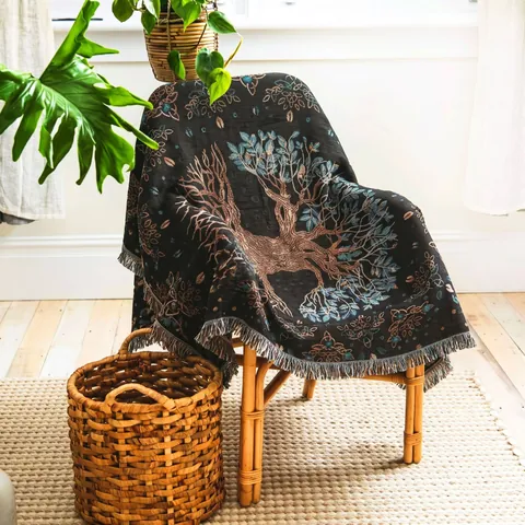 Bohemian Tree Of Life Woven Throw Blanket Ethnic Cotton Polyester Blend Tassel Sofa Cover Picnic Mat Outdoor Camping Blanket