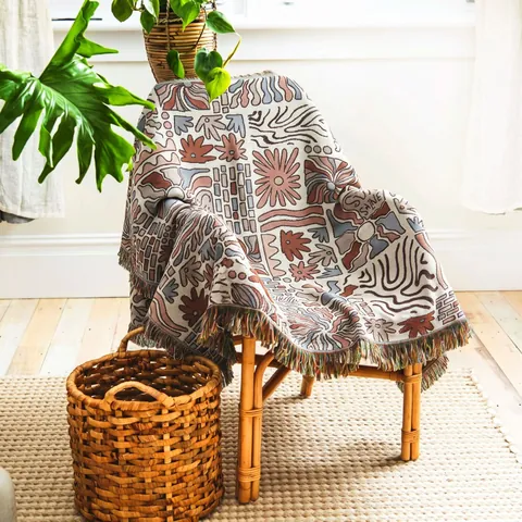 Bohemian Sun Shine Polyester Cotton Woven Throw Blanket Multicolor Geometric Pattern With Tassels For Sofa Camping Outdoor