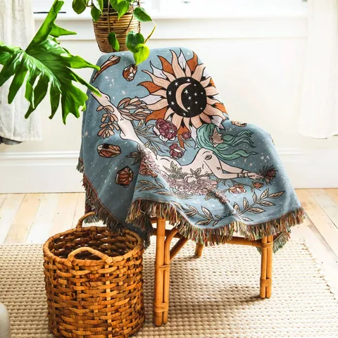 Bohemian Ethnic Cotton Blend Woven Blanket Tassel Jacquard Goddess Sun Moon Star Tapestry Sofa Cover Camping Picnic Throw