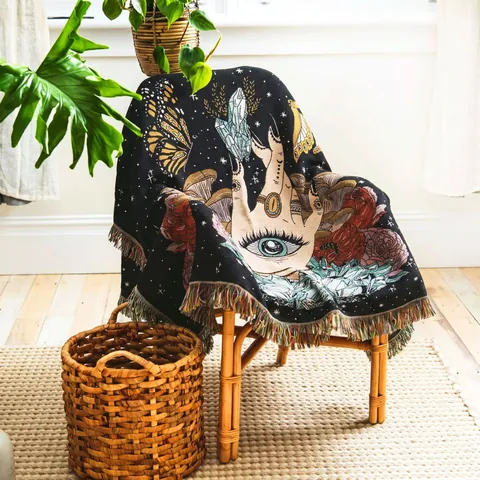 Bohemian Mystic Hand Eye Jacquard Throw Blanket Polyester Cotton Ethnic Tassel Picnic Mat Sofa Cover Camping Tapestry