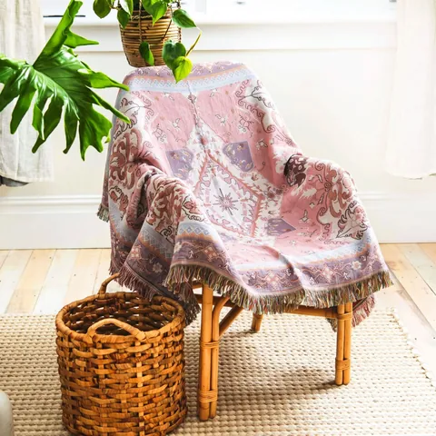 Bohemian Ethnic Woven Blanket Pink Purple Geometric Pattern With Tassels For Camping Picnic Sofa Bed Decorative Tapestry Blanket