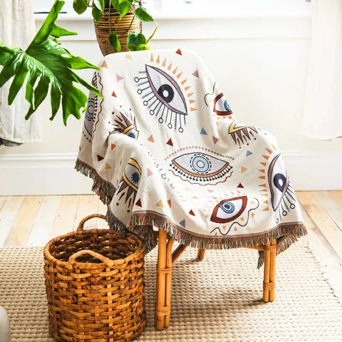 Bohemian Evil Eye Knitted Throw Blanket With Tassels Polyester Cotton Ethnic Geometric Pattern For Sofa Camping Picnic