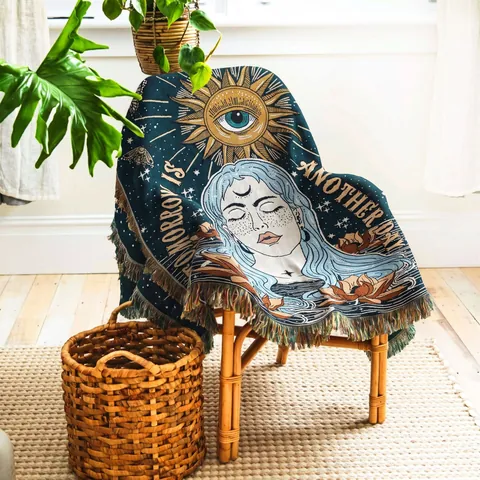 Manta Tejida De Algodón Bohemio Con Borlas Sol Luna Mística Loto Retrato Mujer Para Sofá Cama Camping Picnic