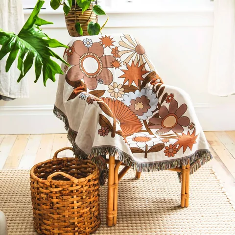 Bohemian Vintage Floral Knitted Throw Blanket With Tassels Soft Polyester Cotton Couch Sofa Cover Outdoor Camping Picnic Rug