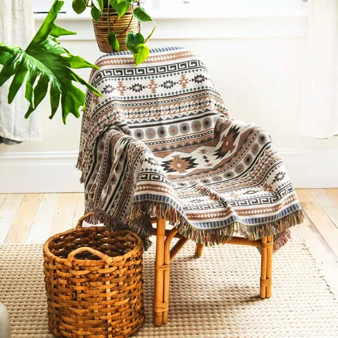 Bohemian Throw Blanket Cotton Woven Geometric Pattern Tassels For Camping Picnic Sofa Reversible Southwestern Style