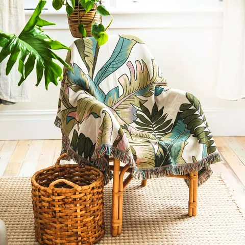 Bohemian Tropical Leaf Woven Blanket With Tassels Soft Polyester Cotton Sofa Cover Picnic Camping Outdoor Throw Blanket