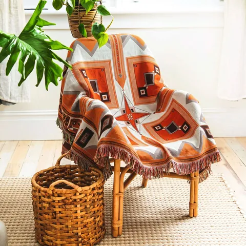 Bohemian Indian Geometric Woven Blanket With Tassels Polyester Cotton Throw For Sofa Camping Picnic Multi-Purpose Home Decor