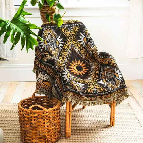 Bohemian Sun Moon Woven Blanket Polyester Cotton Ethnic Tribal Jacquard Throw With Tassels For Camping Picnic Home Decor