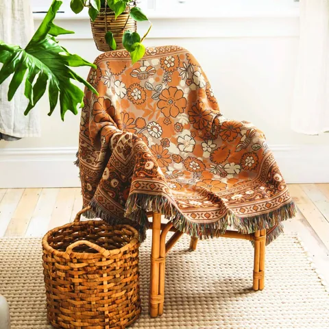 Bohemian Retro Floral Knitted Throw Blanket With Tassels Polyester Cotton Blend Outdoor Camping Picnic Sofa Bed Decor Blanket