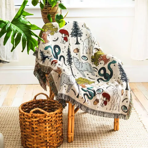 Bohemian Forest Tapestry Blanket With Tassels Mystical Wolf Deer Snake Mushroom Pattern Jacquard Throw For Camping Sofa Decor