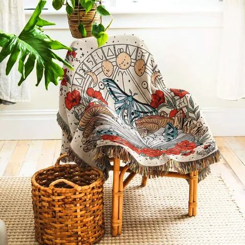 Bohemian Mystic Moth Butterfly Moon Phase Woven Blanket With Tassels Ethnic Style Picnic Camping Sofa Throw Tapestry Wall Hanging Home Decor