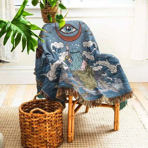 Bohemian Woven Polyester Cotton Throw Blanket Vintage Mermaid Ocean Mythological Pattern Fringed Sofa Picnic Camping Blanket Tapestry