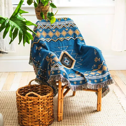 Manta Tejida Geométrica Bohemia Algodón Poliéster Étnico Tribal Picnic Camping Sofá Manta Con Borlas Suave Cálida Decoración