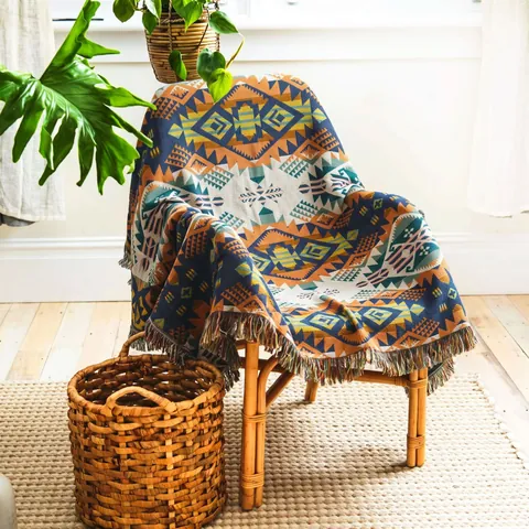 Manta Tejida Geométrica Tribal Étnica Bohemia Con Borlas Funda de Sofá Multicolor de Policotón para Camping Picnic al Aire Libre