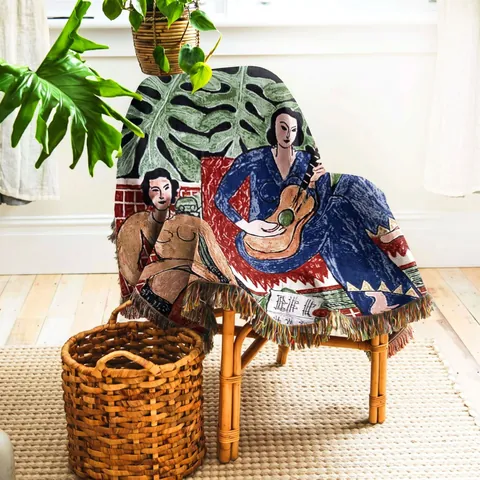Manta de Hilo Artística Estilo Matisse Mezcla de Algodón Poliéster Jacquard Bohemio Manta Decorativa Con Borlas Para Sofá Cama Camping Picnic Aire Libre Decoración
