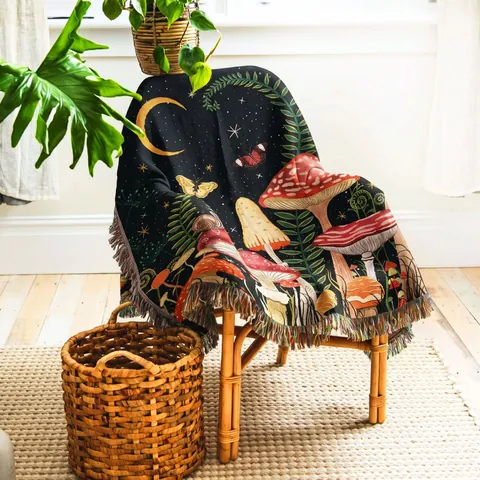 Bohemian Woven Mushroom Moon Blanket Cotton Polyester Blend Fringe Throw Blanket For Sofa Camping Picnic Ethnic Vintage Style Home Decor