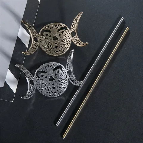 Vintage Alloy Hair Stick Celtic Knot Tree Of Life Triple Moon Hair Slide Hollow Out Viking Hair Accessory For Women