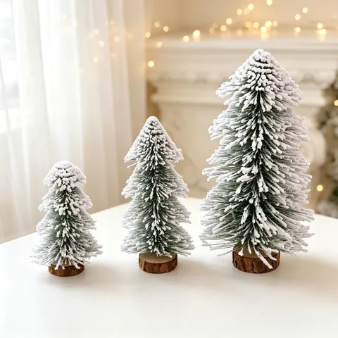 Mini Flocked Christmas Tree With Wood Base Snowy Cedar Pine Tree Desktop Ornament For Holiday Home Office Tabletop Decoration
