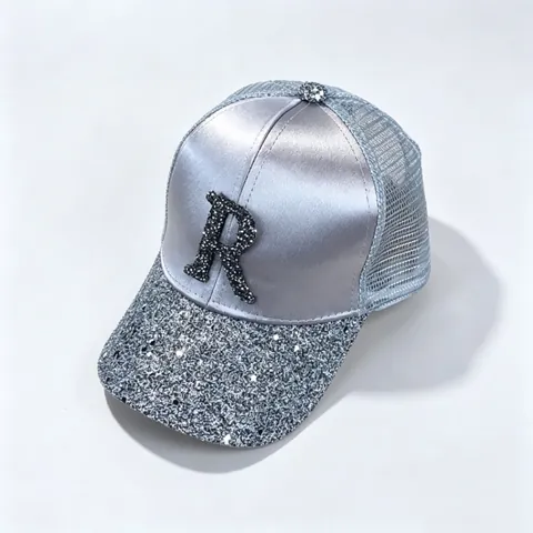 Cappello da Baseball con Lettera R in Strass e Paillettes Satin Mesh Trucker Traspirante Regolabile Protezione Solare per Donna Bambini