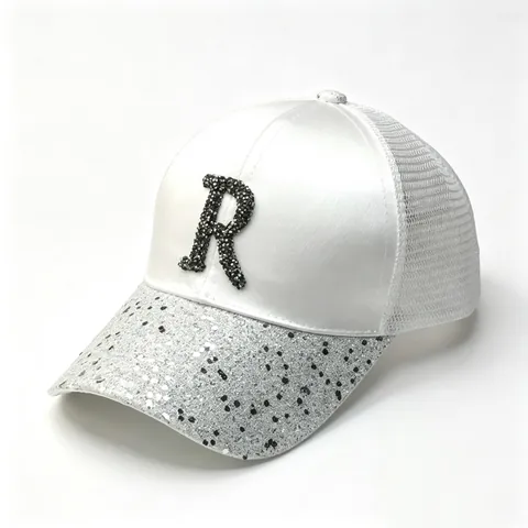 Cappello da Baseball con Lettera R in Strass e Paillettes Satin Mesh Trucker Traspirante Regolabile Protezione Solare per Donna Bambini