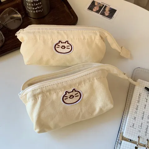 Cute Cartoon Animal Embroidery Pencil Case Large Capacity Canvas Stationery Pouch Zipper Cosmetic Bag For Students School