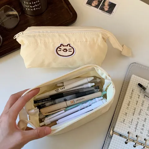 Cute Cartoon Animal Embroidery Pencil Case Large Capacity Canvas Stationery Pouch Zipper Cosmetic Bag For Students School
