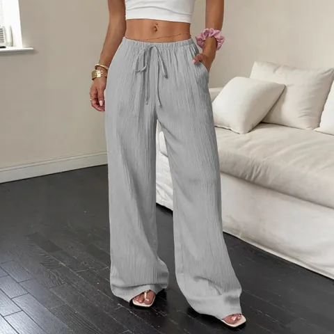 Damen Einfarbig Textur Weites Bein Hose Kordelzug Taille Schräge Taschen Locker Lässig Sommer Lange Hose