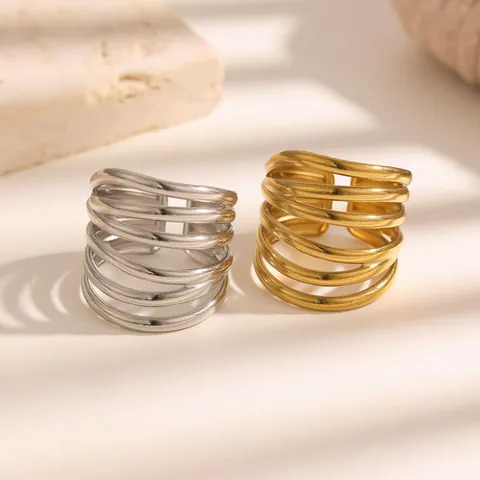 Anillo Abierto Geométrico Retro de Acero Inoxidable para Mujer Personalizado Multicapa Irregular Ajustable Oro Plata