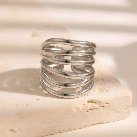 Anillo Abierto Geométrico Retro de Acero Inoxidable para Mujer Personalizado Multicapa Irregular Ajustable Oro Plata