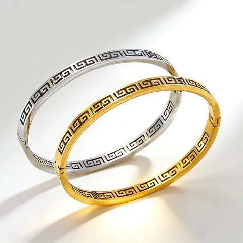 Bracciale Rigido in Acciaio Inossidabile per Donna Oro Argento Colore Greca Motivo Margherita Strass Intarsiato Gioielli Moda