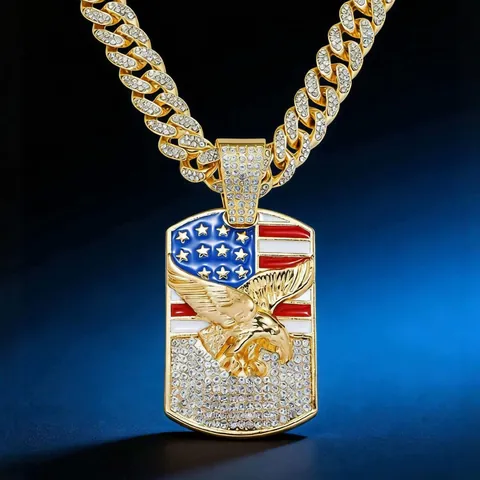 Hip Hop Herren Adler Amerikanische Flagge Anhänger Halskette Gold Silber Zinklegierung Strass Eingelegt Kubanische Kette Schmuck