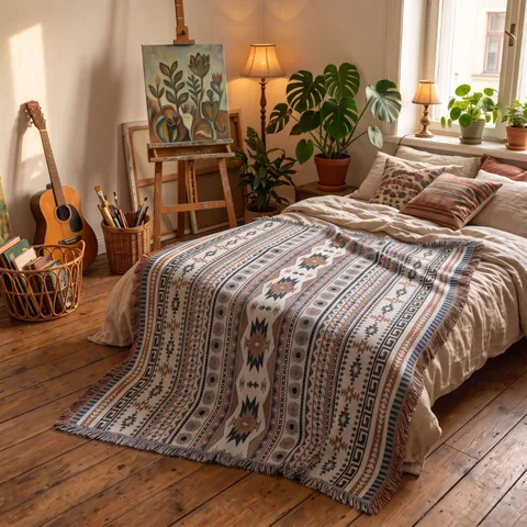 Bohemian Throw Blanket Cotton Woven Geometric Pattern Tassels For Camping Picnic Sofa Reversible Southwestern Style