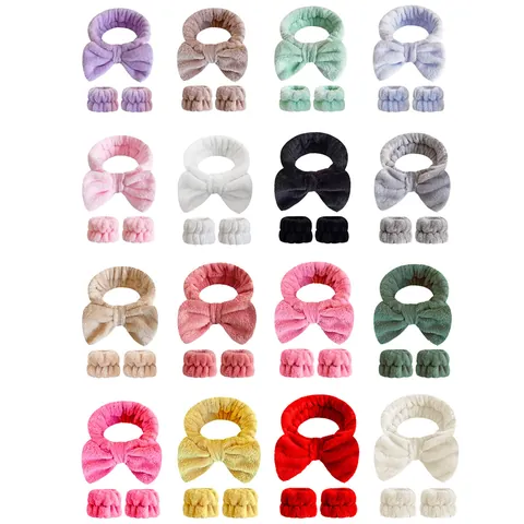 Bandeau Cheveux Peluche Souple Couleur Unie et Poignets Set Nœud Flanelle Spa Absorbant pour Laver Visage Femmes