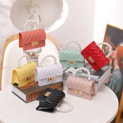 Mini Jelly Bag Quilted PVC Silicone Handbag Artificial Pearl Handle Gold Chain Strap Crossbody Bag Elegant Fashion Women Girls