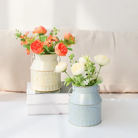 Vintage Metall Blumenvase Milchkanne Mit Holzgriff Handgefertigter Blecheimer Für Rustikale Hausdekoration Hochzeit Deko