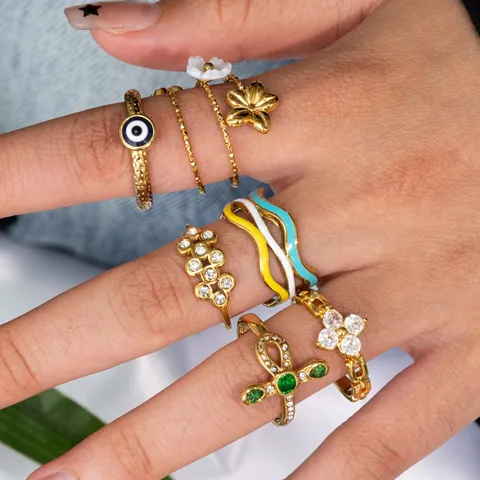 Luxury 18K Gold Plated Stainless Steel Snake Flower Ring For Women Small Design Rhinestone Inlaid Adjustable Finger Ring