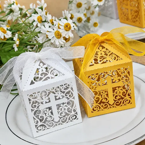 Vine Cross Laser Cut Pearl Paper Candy Box Elegant Wedding Party Decoration Hollow Gift Box With Ribbon For Baptism Favors