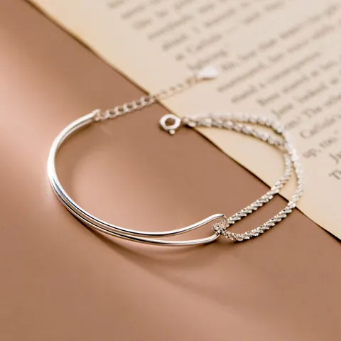 Minimalist Double Layer Asymmetric Bracelet For Women Copper Silver Plated Curved Tube Starry Chain Fashion Jewelry Gift