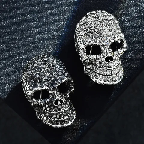 Broche Tête de Mort Punk en Strass pour Femmes Hommes Alliage Argent Noir Squelette Gothique Pin's pour Fête Halloween Bijoux