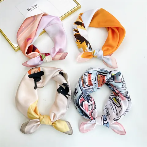 Women Elegant Satin Square Scarf Digital Printed Floral Illustrative Neck Scarf Fashion Hair Tie Headband Silk Feel Wrap