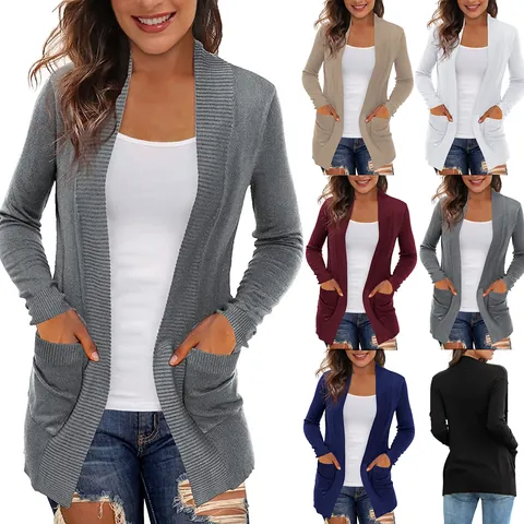 Cárdigan de Punto para Mujer Frente Abierto Manga Larga Con Bolsillos Color Sólido Canale Casual Streetwear Moda