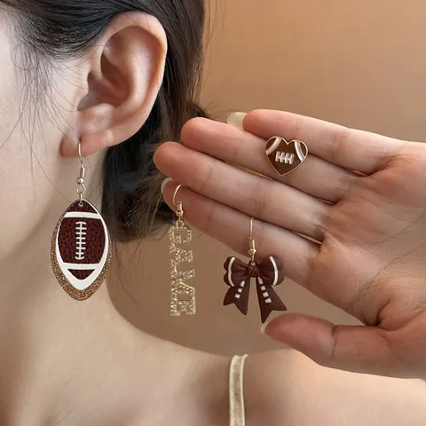 American Football Earrings Alloy Rhinestone Drip Oil Glitter Helmet Heart Bow Letter Ear Studs Drop Earrings For Women Sports Fans Game Day Party Jewelry