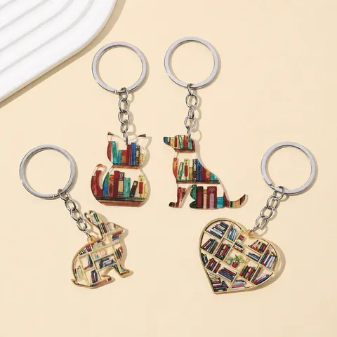 Acrylic Cartoon Animal Keychain Bookshelf Pattern Pendant For Backpacks School Bags Graduation Student Gift Decor